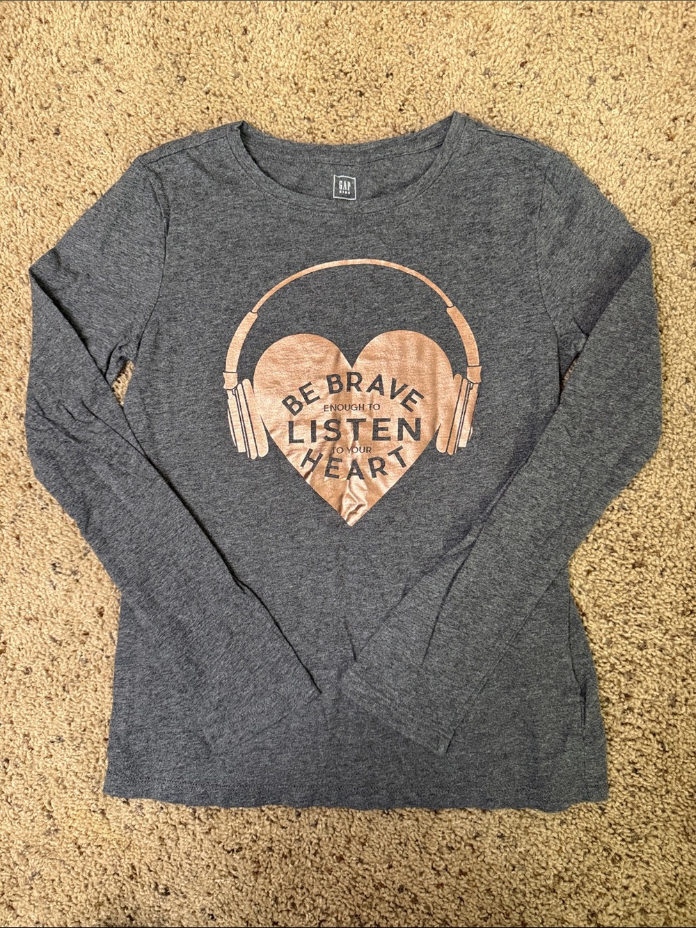 GAP Dark Gray Long Sleeve Tee with Rose-Gold Heart Headphone Graphic